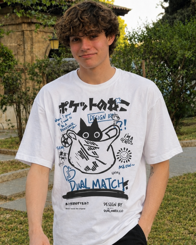 Dual Match Cat Graphic Oversized T-Shirt