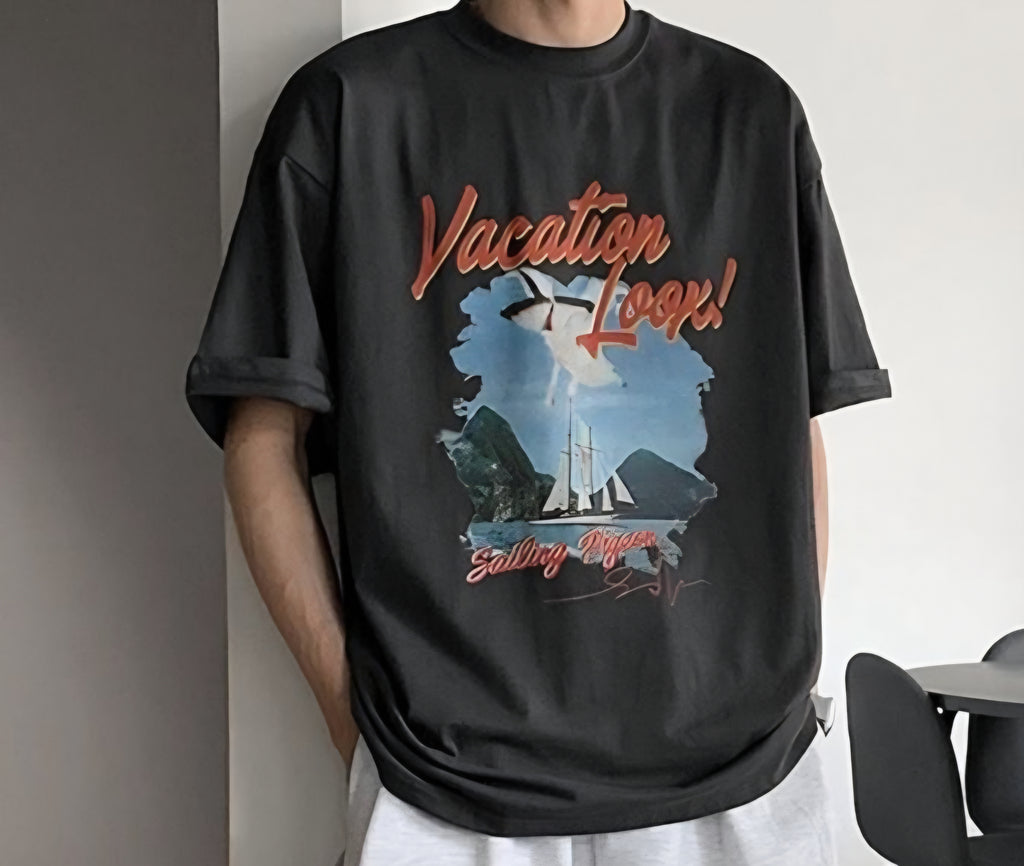 Black Vacation Graphic Oversized T-Shirt